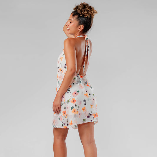 Vestido Corto de Gasa Floreado con Forro