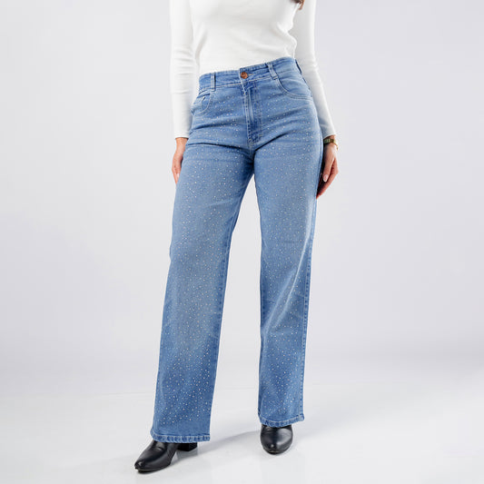 Jean Wide Leg liso Brillos tiro alto