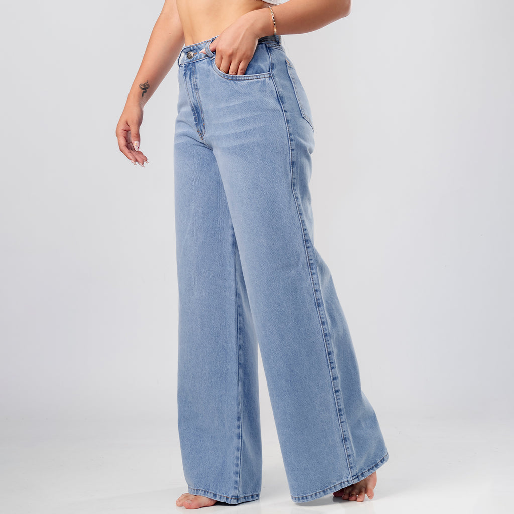 Pantalón Denim Palazo Cielo Clásico Celeste