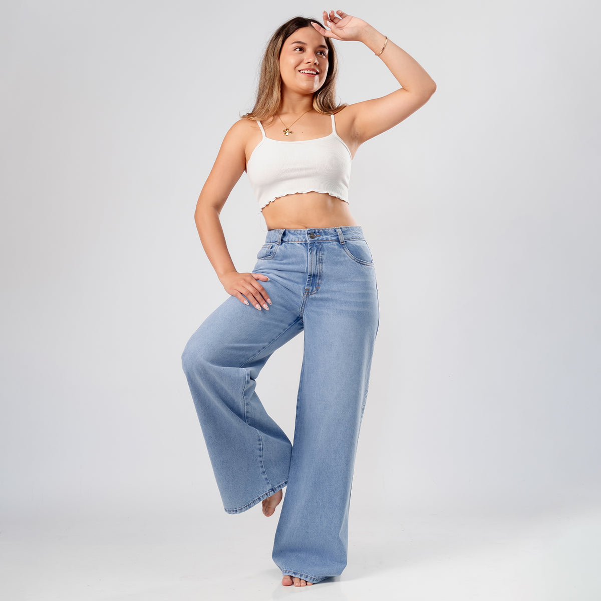 Pantalón Denim Palazo Cielo Clásico Celeste