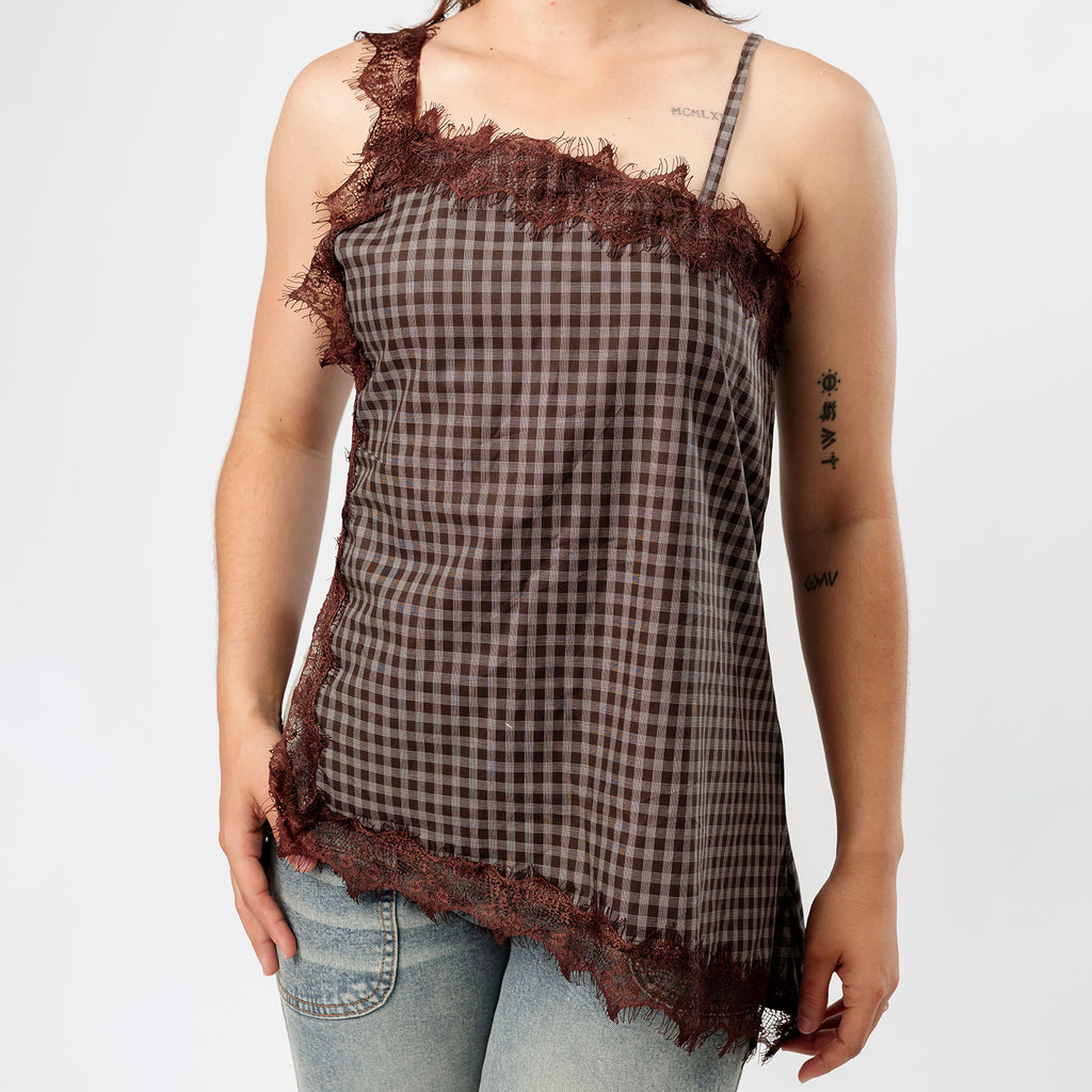 Blusa Asimétrica Violeta con Blonda Marrón