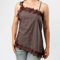Blusa Asimétrica Violeta con Blonda Marrón
