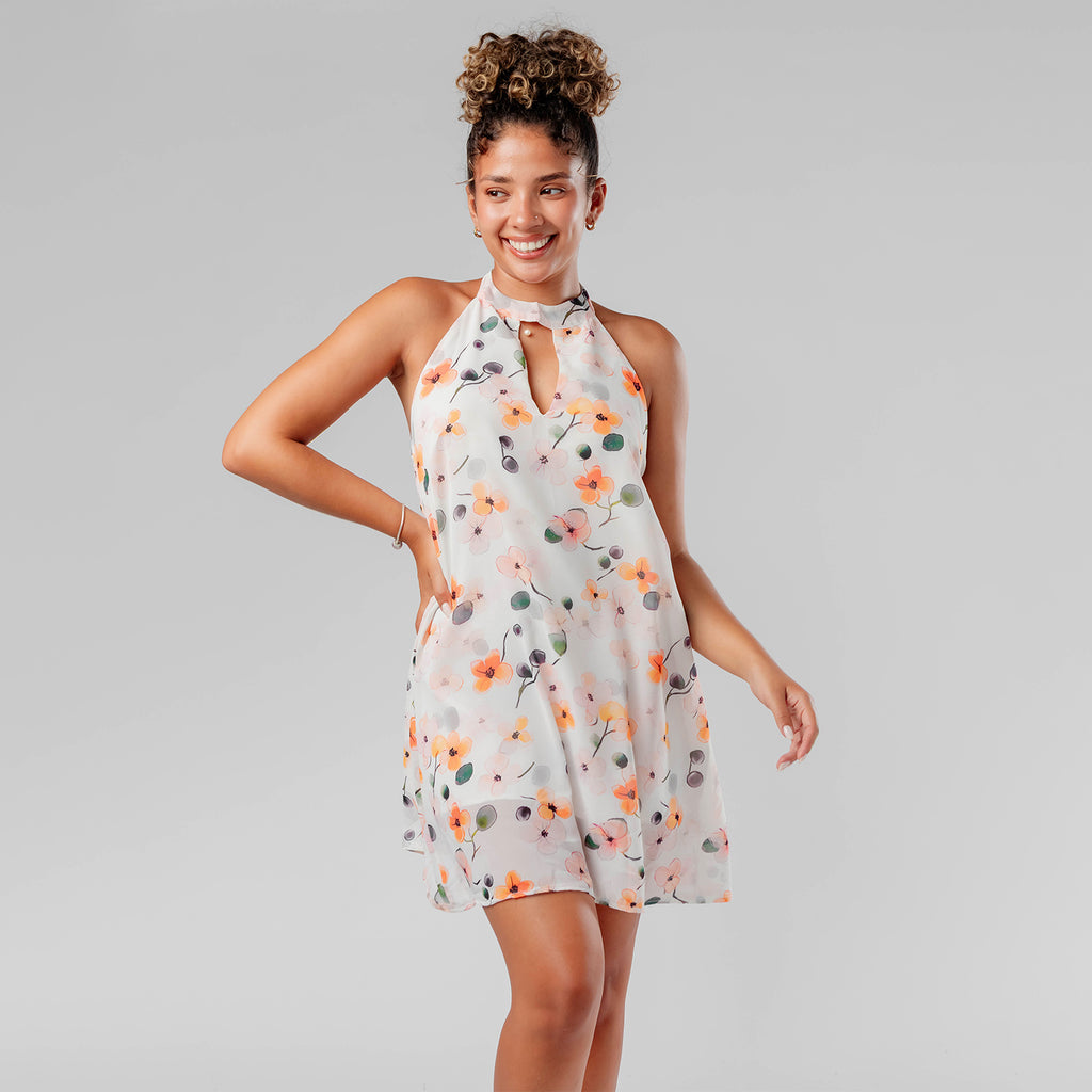 Vestido Corto de Gasa Floreado con Forro