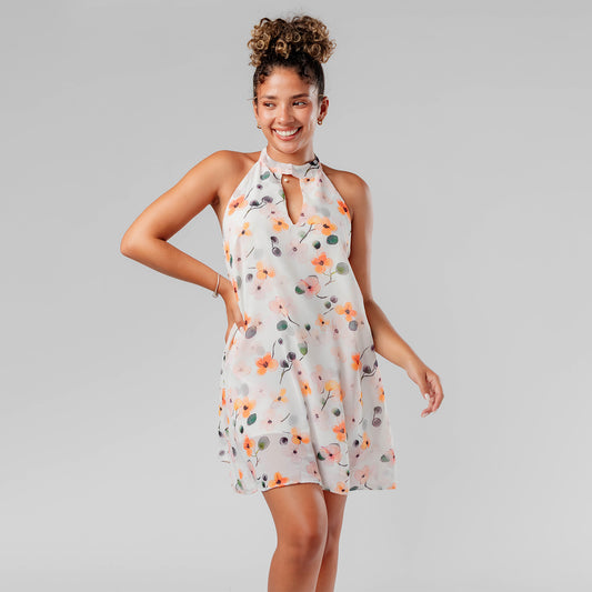 Vestido Corto de Gasa Floreado con Forro