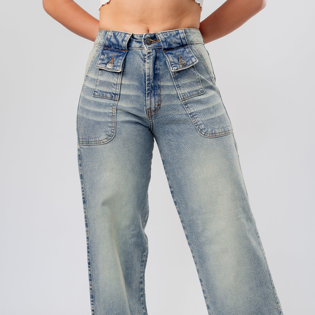Wide Leg Light Cream Pantalon Denim