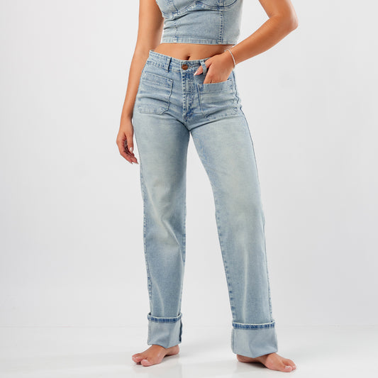 Jean Wide Leg con basta dobladillo tiro alto
